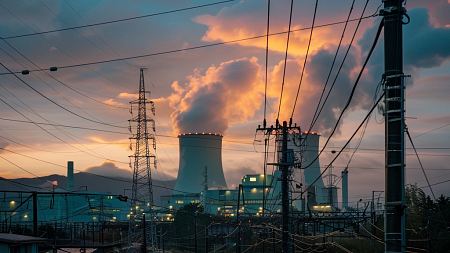 nuclear power plants over a sunset