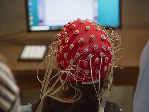 EEG cap on person's head
