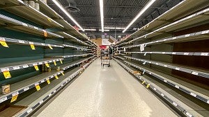 Empty store shelves with shopping cart in between.