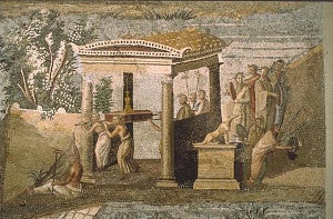 mosaic showing group of people in outdoor area