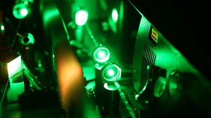 Green Lasers being used in a UO research lab.