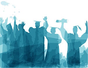 Blue-green silhouettes of graduates celebrating with caps and diplomas 