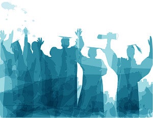 Blue-green silhouettes of graduates celebrating with caps and diplomas