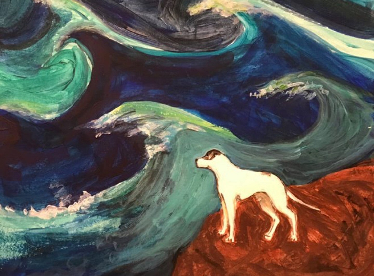 painted canvas of dog looking at waves