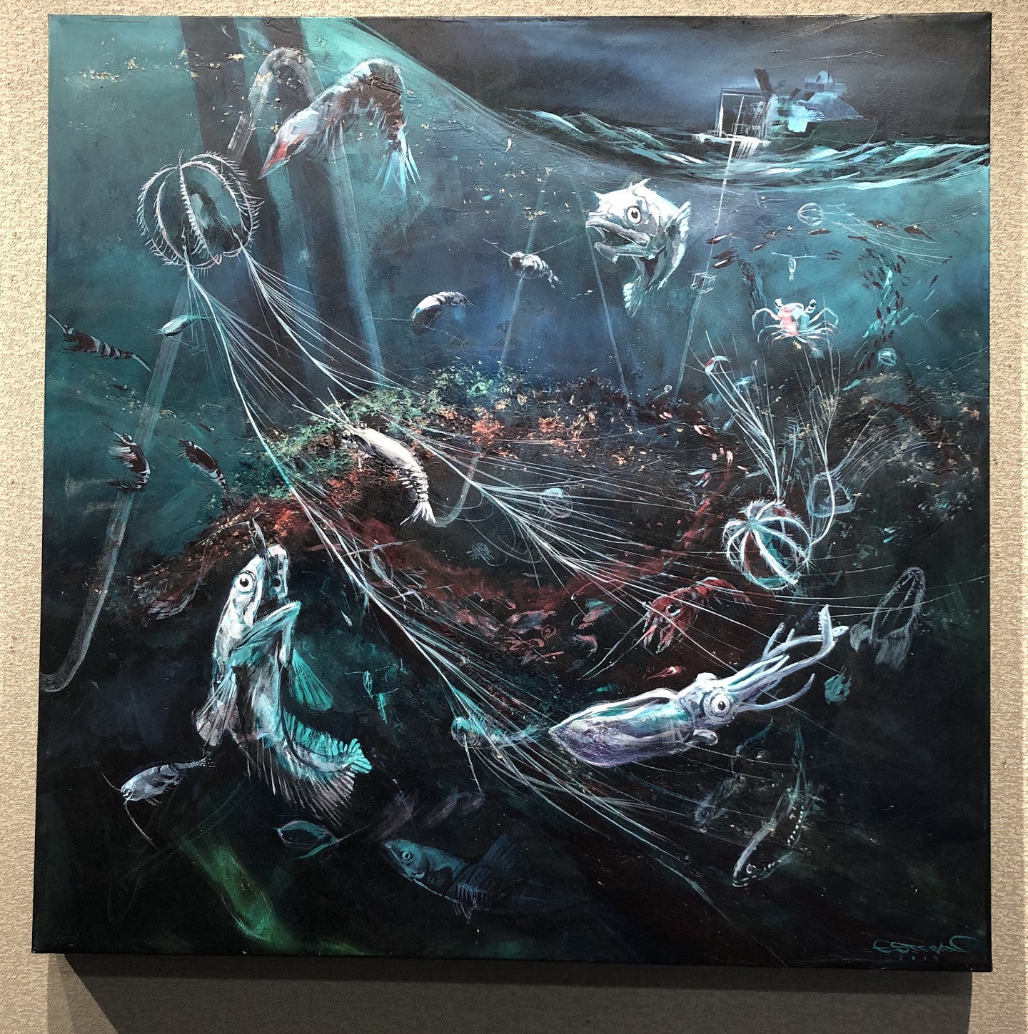 painting of aquatic organisms underwater below a boat