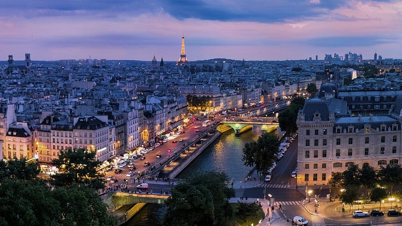 Paris, France cityscape at night