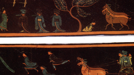 Boashan Lacquer painting of people next to trees and a horse
