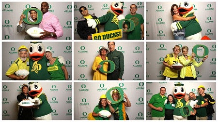 Alums photographed with UO's mascot