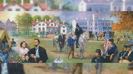 Mural with the Lincoln Cottage featured in the background; "View of the Soldiers' Home in Lincoln's Time" by William Woodward, 2007 