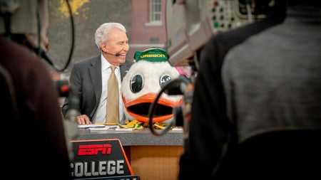 The Duck sticks his head in for a visit with ESPN's Lee Corso.