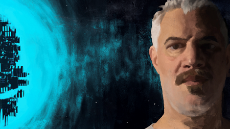 a digital painting of a man's face illuminated by the light from a city on another planet