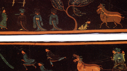 Boashan Lacquer painting of people next to trees and a horse