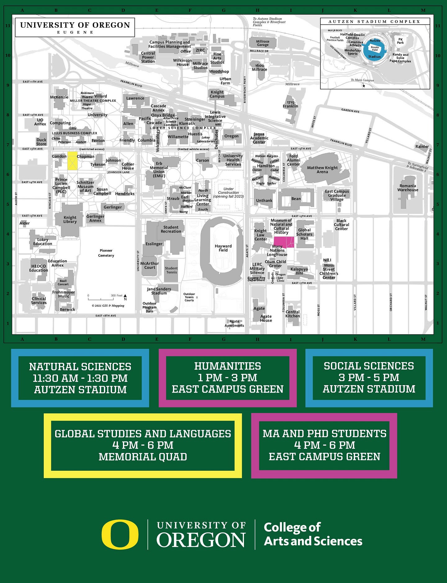 CAS Commencement Ceremony Map 2023 - a map of campus with the memorial quad, autzen stadium and east campus green highlighted