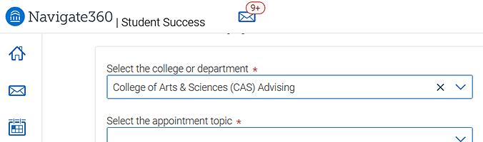 Choose College of Arts & Sciences (CAS) Advising for the "College or Department"