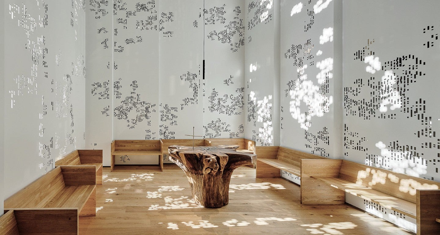 fractal patters on the wall and wood furniture