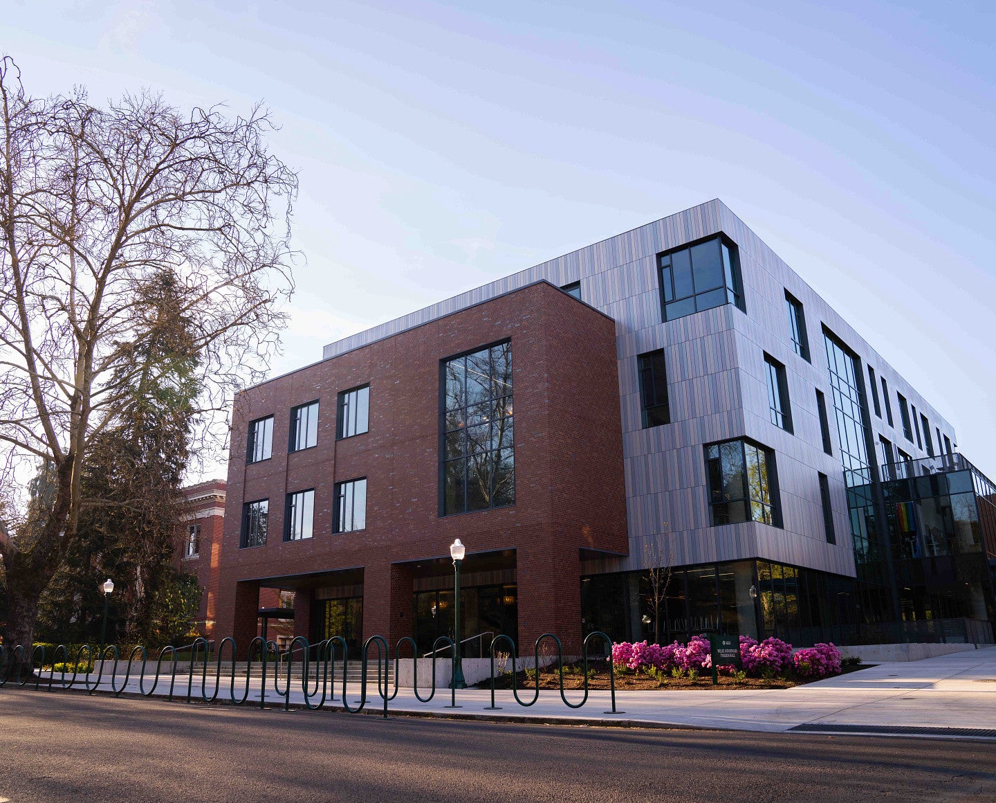 exterior of Tykeson Hall with a blue sky behind on a crisp winter day