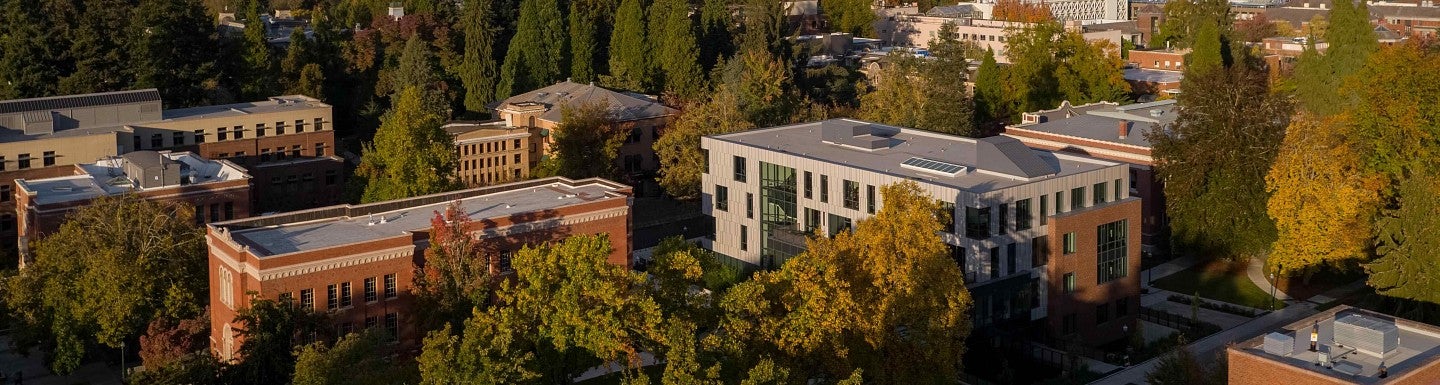 an aerial of the Eugene campus focused on tykeson hall