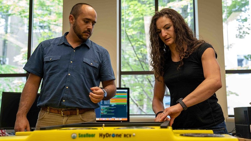Professors prepare drone.