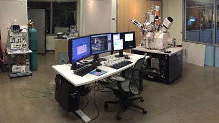 A computer desk in a lab