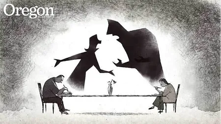 illustration of two people sitting quietly at a table while their shadows fight