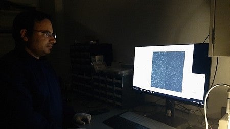 Researcher looking at the computer screen in the lab