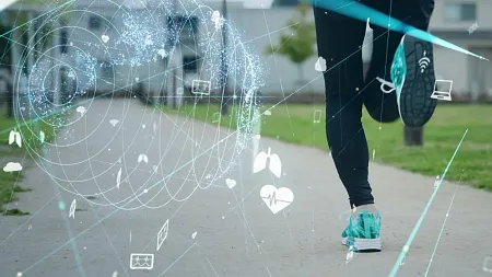 a person running with data icon illustrations on the screen 