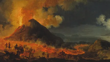 a painting of pompeii erupting with lava and smoke