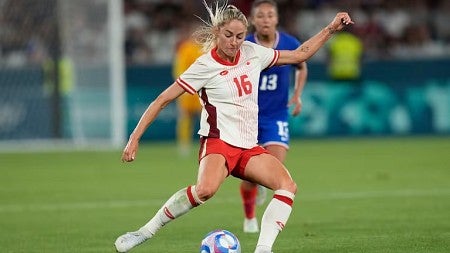 two women playing soccer at the Olympics