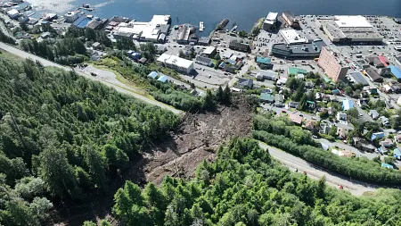 an aerial view of a landslide in Alaska 