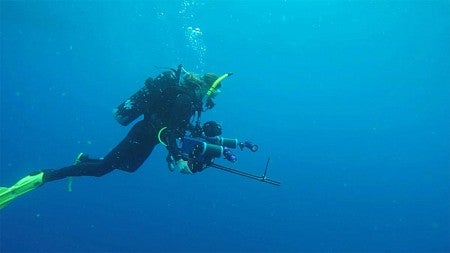 OIMB researcher diving in ocean with scientific equipment