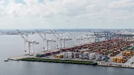 an aerial image of a seaport