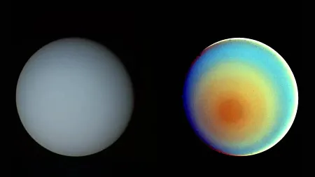 Natural color (left) and false color (right) images of Uranus snapped by Voyager 2 in the mid-1980s 