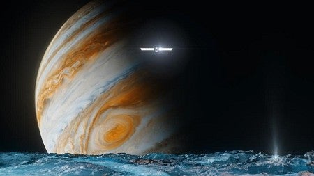 A space probe floating above a frozen moon with Jupiter in the background