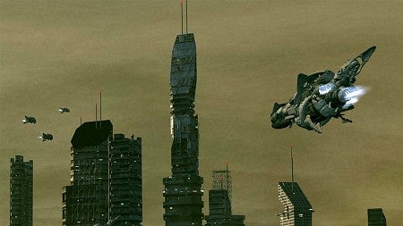Spaceship flying over futuristic city