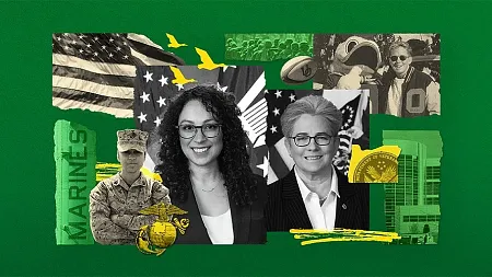 an illustration of two people who were veterans and UO alumnae