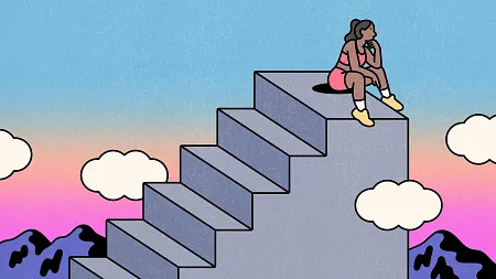 an illustration of a woman sitting at a top of a flight of stairs in the heavens