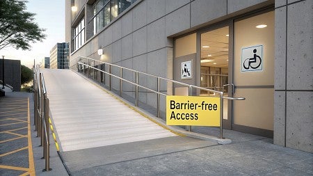 accessibility ramp going up with doors and wheelchair access signs on the doors