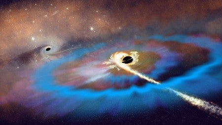 A supermassive black hole far from its galaxy's center tears apart a star in the foreground of this artist's rendition. 