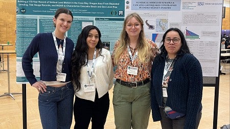students gathered by a poster