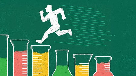 an illustration of a person running up stairs resembling lab equipment