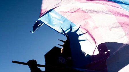 a transgender pride flag flys over a blue sky
