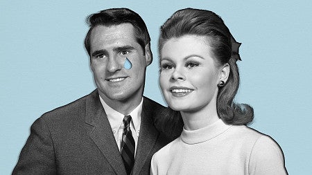 an illustration of a man crying and a woman smiling