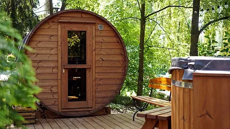 a hot tub hut in the forest