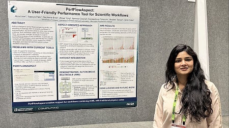 aliza lisan standing in front of the poster that represents her research in computer science