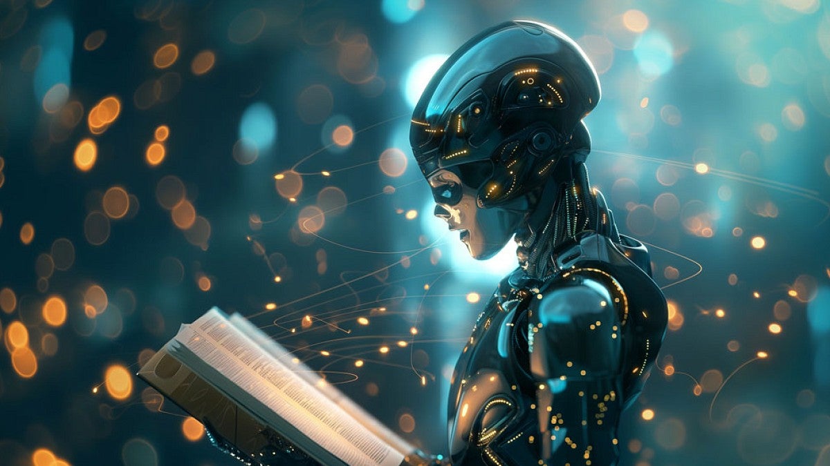 AI robot reading a book