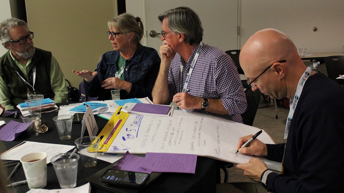 Participants discuss and take notes during a breakout session at a CRESCENT workshop.