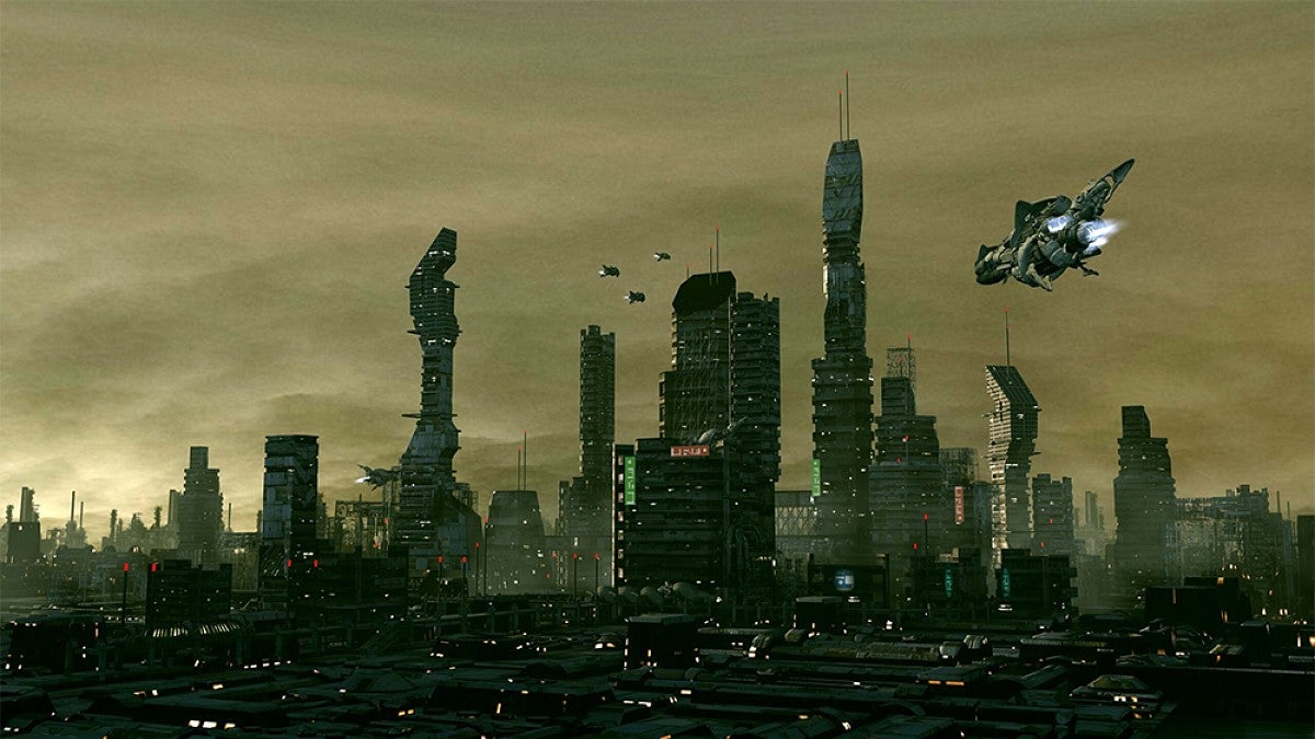 Sci-fi scene of a futuristic city scape with space ships flying around