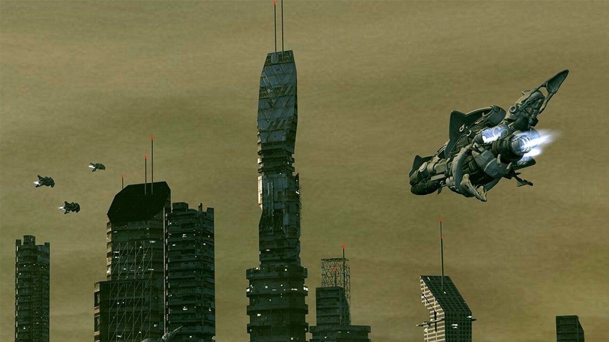 Spaceship flying over futuristic city