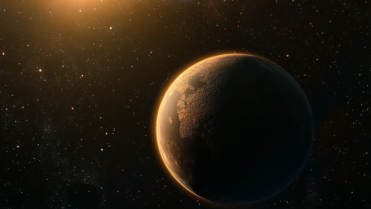 An exoplanet orbiting a sun with stars and galaxy in the background