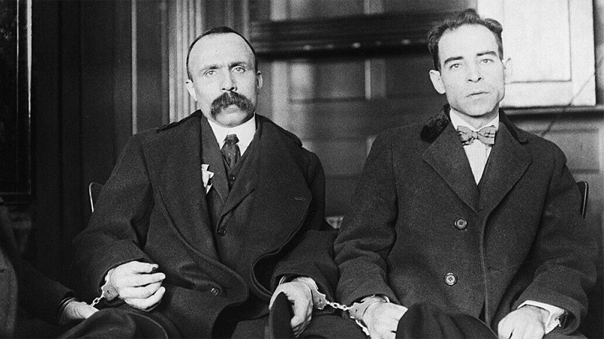 Old photo of Sacco and Vanzetti on trial